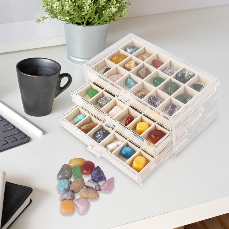 Dmnnlp Display Case for Small Rock, 3 Drawers 54 Grids(3x3.5cm),
