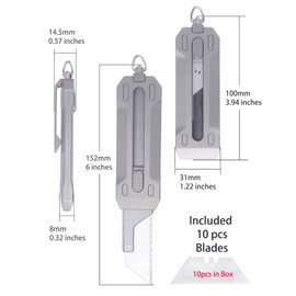 Tenchilon T4 Compact Retractable Box Cutter Utility Pocket EDC Knife with Titanium Handle, 10pcs Extra Replaceable SK5 Blades, Keychain Carry with Glass Breaker