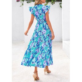 PRETTYGARDEN Women's 2025 Summer Floral Midi Dress Cap Sleeve V Neck Ruffle Long Flowy Boho Casual Beach Vacation Dresses (Floral Purple Blue,Medium)
