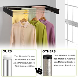 JolyBay Wall Mounted Laundry Drying Rack, Retractable Clothes Drying Rack for Bathroom with Wall Template, 5 Stainless Rods Heaving 60 lb Capacity (Black, 40")