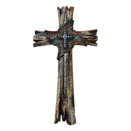 Ebros Gift Rustic Western Faux Distressed Wood And Floral Tooled Leather With Turquoise Rock Layered Wall Cross Decor