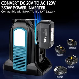 350W Portable Power Supply Inverter Power Adapter for Makita 18V LXT Battery DC 20V to AC 120V Converter with USB Port, Type-C Port, 300LM LED Light for Camping Emergency(Tool Only)
