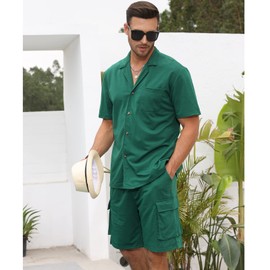 Fastkoala Men's Tracksuit Outfit Set Two Piece Button Suits Summer Shirts & Short 2-Piece Set, Green