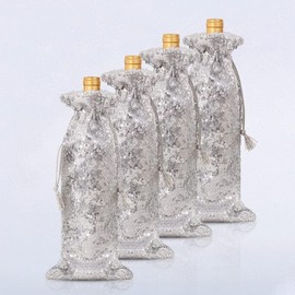 PartyDelight Silver Sequin Wine Gift Bag 4 Pack, Sparkly Beautiful and Reusable for Travel, Wedding, Birthday, Housewarming and Dinner Party.