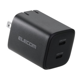 Elecom EC-AC10640BK Charger, 40 W, 2 Ports, Type-C USB, PD, Supports PPS, GaN II, Folding Plug, Black