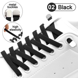 WEGOODZF No Tie Elastic Shoelaces: 8mm Wide 120cm Long Black Flat Elasticated Shoe Laces with Metal Buckles for Kids Adults 2 Pairs Replacement Shoelace for Trainers Boots