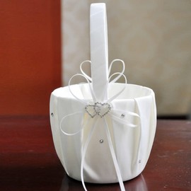 Moovul 2 pcs White Flower Girl Basket Crystal Rhinestones Decor +1 pc Wedding Ring Pillow for Wedding Party