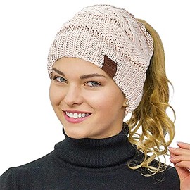 Rosoz Ponytail Beanie for Women,Winter Warm Beanie Tail Soft Stretch Cable Knit Messy High Bun Hat Beige