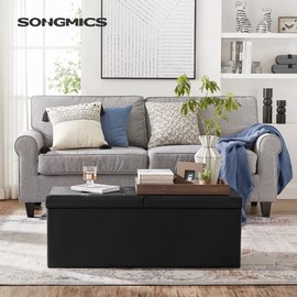 SONGMICS MAZIE Collection - 43 Inches Storage Ottoman Bench with Flipping Lid, Storage Chest with Iron Frame Support, Load 660 lb, for Living Room, Bedroom, Synthetic Leather, Black ULSF75BK
