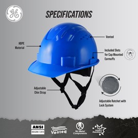 GE Hard Hat, Vented Cap Style, Class C, Blue, Padded Sweat-Wicking Sweatband, 4 Points Ratchet Suspension System, Earmuff Slots, High Impact Resistant, GH326B, Meets ANSI ISEAZ89.1-2014.