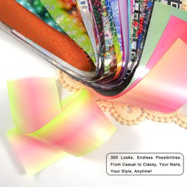 WOKOTO 300 Sheets Nail Foils Transfer Kit, Holographic Flower Marble Foil Sheets for Nail Art Transfer Paper, 1 Set for All Various Designs Nail Foil Transfer for Women Girls Nails