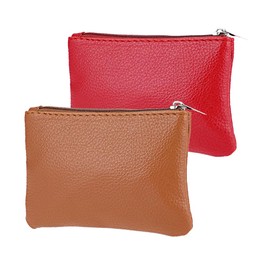 2Pcs Genuine Leather Coin Purse Mini Wallet for Women - Small Change Pouch (Red)