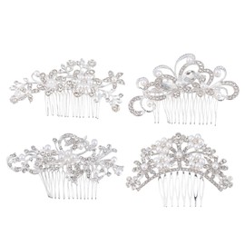 BIUDECO Rhinestone Pearl Hair Comb Set Bridal Headpiece for Wedding Tiara 4pcs Unique Styles