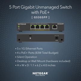 NETGEAR 5-Port Gigabit Ethernet Unmanaged PoE Switch (GS305PP) - with 4 x PoE+ @ 83W, Desktop or Wall Mount