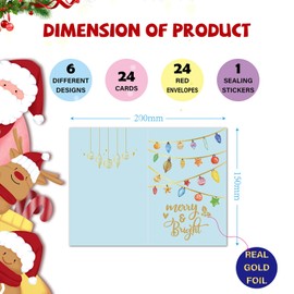 Tomkity 24 Christmas Cards Set A6 Folding Cards with 24 Red Envelopes and 24 Stickers in 1, Merry Christmas Envelope Glossy, Christmas Cards Craft Set