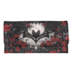 Jolamirel Black Bat Roses Print Women Slim Wallet Gothic Spider Web Trifold Long Credit Card Holder Clutch Handbag, Red Rose Flowers Leather Checkbook Wallet for Ladies