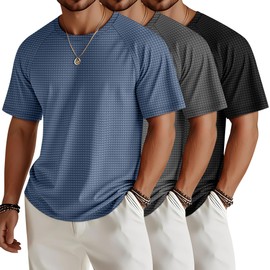 Riyiper 3 Pack Men's Big and Tall Waffle Knit Shirts Short Sleeve Crewneck T-Shirts Solid Raglan Sleeve Casual Pullover Tees(Haze Blue, Light Gray, Black,4X-Large)