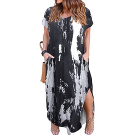 Kancystore Plus Size Dress for Women Wedding Guest Short Sleeve Tie Dye Long Dresses Black 2X