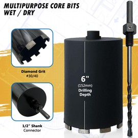 6" Dry/Wet Multipurpose Core Bit for Masonry, Concrete and Natural Stone, 6" Drilling Depth, 1/2" Shank Pilot Bit with 5/8"-11 Arbor