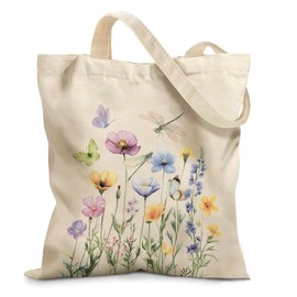 Ialtsidws Floral Aesthetic Canvas Tote Bag - Botanical Flower Print with Zippered Inner Pocket & Magnetic Buckle Closure | Minimalist Shoulder Bag for Women