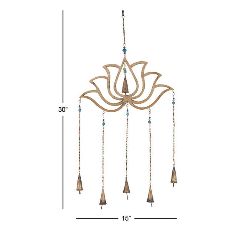 Deco 79 Eclectic Mango Wood Lotus Windchime with Bells, 15"L