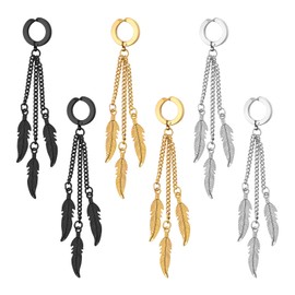 Flongo Feather Pendant Earrings Unisex: Gold Black Silver Fake Plug Without Pierced Ear Cuff Stainless Steel Gothic Huggie Hoop Earrings 3 Heels Feather Pendant Viking Punk Biker Earrings Men Women,