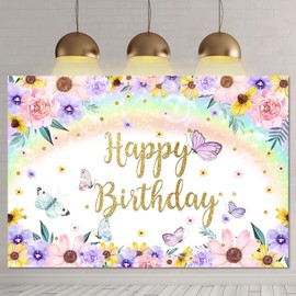 APROPHIC Girls Happy Birthday Banner Background Colourful Flowers Butterfly Happy Birthday Banner Photo Background Rainbow Happy Birthday Garden Logo Party Decoration 210 x 150 cm