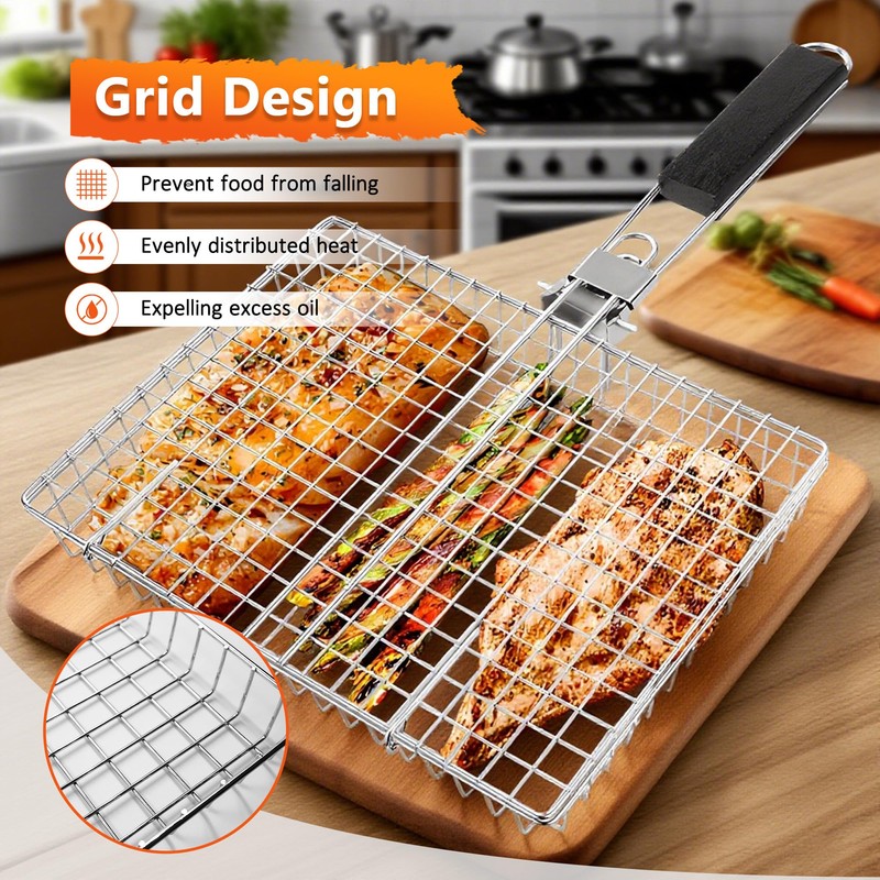 Fish Grilling Basket, Stainless Steel Grill Basket with Removable Handle,