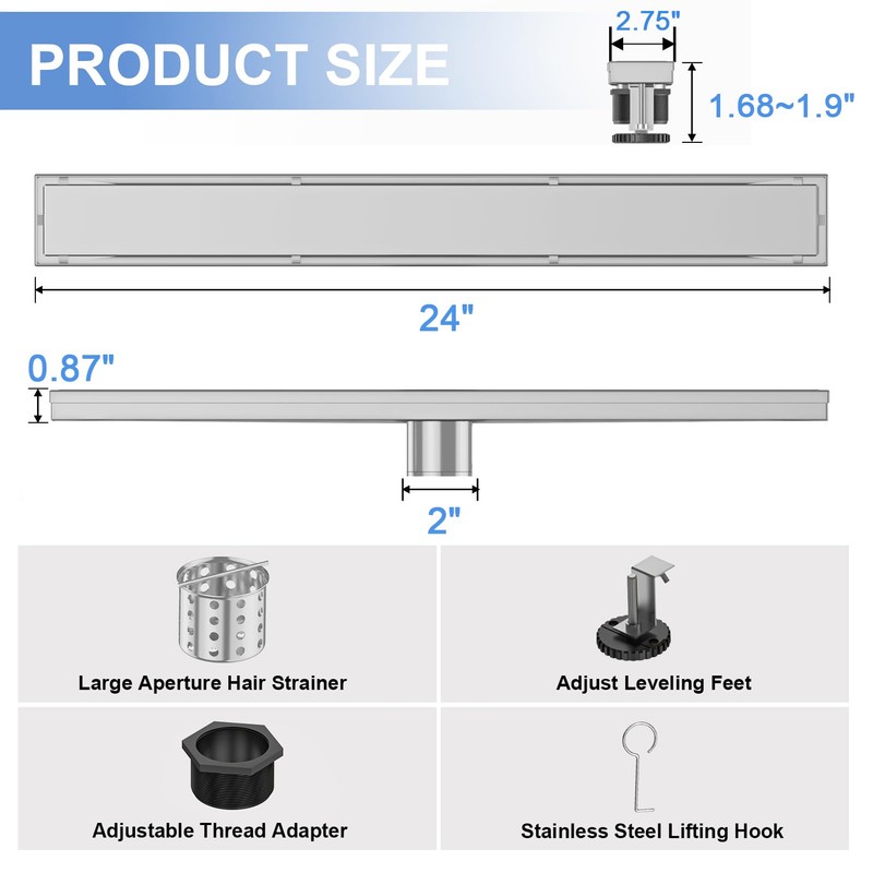 24-Inch Linear Shower Drain with Tile Insert Grate, SUS 304