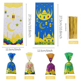 Eid Mubarak Party Bags, Pack of 100 Cellophane Bags, Eid Mubarak Gift Bags, Cellophane Plastic Goodie Bag, Gift Bags with 100 Gold Twist Ties for Eid Mubarak Party Decoration
