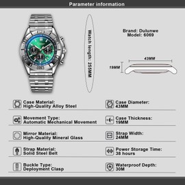 Men's Watch Automatic Winding Mechanical Movement Multi-Function Dial Design, Week and Month and Date and 24 Hours, 30M Waterproof Fashion Business Sports Watches for Men (Silver Green)