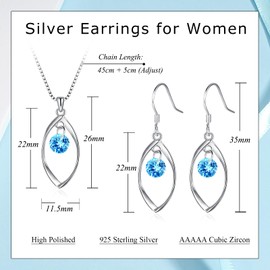 Estrellique 925 Sterling Silver Jewellery Set for Women, Silver Jewellery Set with Aquamarine Zirconia, Silver Twist Necklace & Earrings Pendant Jewellery Set, Jewellery Gift Box for Lady for Birthday