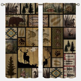 YCness Vintage Deer Bear Curtains, Fish Retro Farmhouse Cabin Lake Country Lodge Thermal Insulated Window Treatments for Bedroom Kitchen Living Room Drapes 2 Panels 42x45 Inch