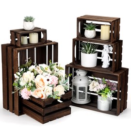 CroBlissful 6 Pcs Decorative Wood Crates for Storage Display Rustic Nesting Crates with Handle Farmhouse Wooden Storage Container Boxes for Wedding Party Supplies(Vintage Dark Brown)