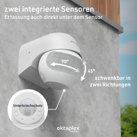 Oktaplex Set of 2 Anja Motion Sensor with 2 Sensors Pivotable IP44 Infrared Detector 12 m Range 180 Degree Motion Sensor Outdoor White