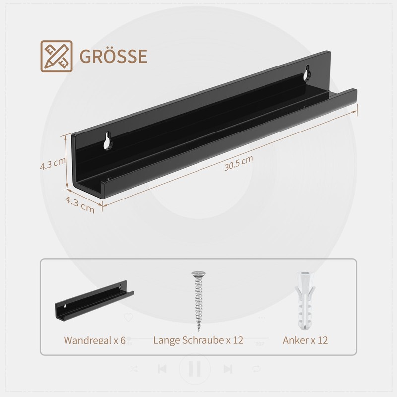 AITEE Vinyl Wall Mount: 6 Pack Black Acrylic Record Wall