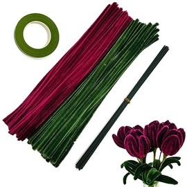 Juego de 200 limpiapipas con alambres florales y cinta floral, tallos de chenilla limpiapipas para hacer ramos de tulipanes, proyectos de manualidades DIY para niños y decoraciones (magenta