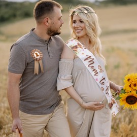 VorkiVecKi Cow Baby Shower Decorations - 4 Pcs Highland Cow Mom and Dad to Be Sash Flower Crown Pins Corsage Belt Badge Set, Gender Reveal Party Decor Supplies Maternity Pregnancy Gift for Mommy Daddy