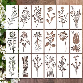 18Pcs Wildflower Stencils for Crafts Reusable Wild Flower Stencils Plasttic Flower Leaf Stencils DIY Floral Field Plants Drawing Template Stencil for Painting on Wood Wall Door Canvas Home Decor