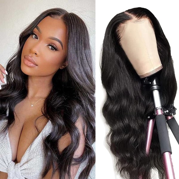 FINE PLUS Body Wave Wigs 13x4 Lace Front Wigs Human Hair 150% Dentisy Body Wave Frontal Wig Pre Plucked with Baby Hair Brazalian Glueless Virgin Hair Natural Black(22 Inch)