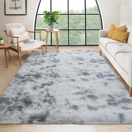 Garvee 8x10 Shag Rug for Living Room Tie-Dyed Fluffy Rug Non-Slip Modern Solid Color Bedroom Throw Carpet Ultra Soft Nursery Rug Plush Faux Fur Area Rug for Home Decor Bedside Girls Boys, Light Grey