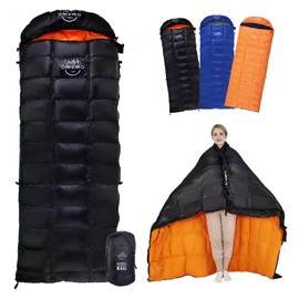 OMVMO 15 Degrees F 650 Fill Power Down Sleeping Bag for Adults,Lightweight 4 Season Envelope Rectangle Down Sleeping Bag for Backpacking Camping,Black Right-Zipper Regular