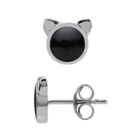 Silvershake 6MM Natural Round Shape Black Onyx Inlay White Gold Plated 925 Sterling Silver Cat Face Pet Cute Stud Earrings Jewelry for Women, Sterling Silver Rhodium (White Gold Plated), natural black
