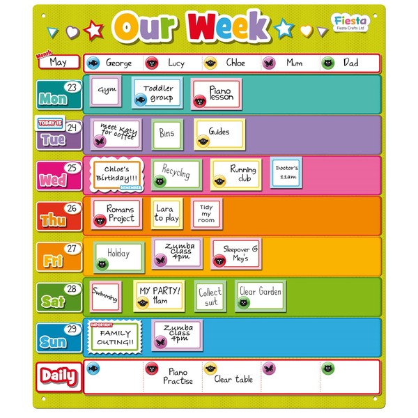 Fiesta Crafts Magnetic Weekly Planner - Colorful & Easy-to-Clean Our Week Fridge Chore Chart for Family - Daily Calendar & Visual Schedule for Kids & Toddlers with Whiteboard Pen & Rectangular Boards