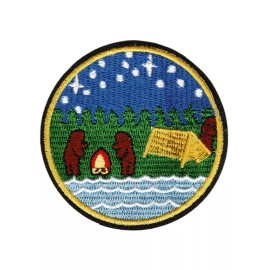 Patchwork Paradise Scenic Bear Camping Patch – Starry Night Campfire Embroidered Iron-On Badge
