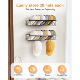 LUOFNI Metal Hat Racks for Baseball Caps Wall Hat Organizer Fit 56 Caps Holder,2 Packs Sturdy Wall Mounted Hat Storage Organizer for Living Room,Closet,Bedroom,Black