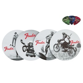 Fender Vintage Ads 4-Pack Coaster Set Bundle with Picks