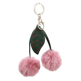 xuzhiyuan Cute Cherry - shaped Furry Keychain with Leather Leaf Decoration for Bag and Key Organization-Dark Pink