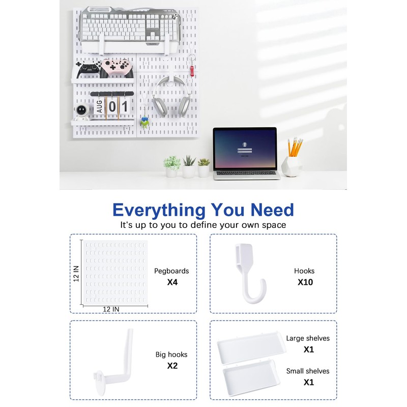 White Pegboard Wall Organizer Kit, 4 Pcs 12 x 12