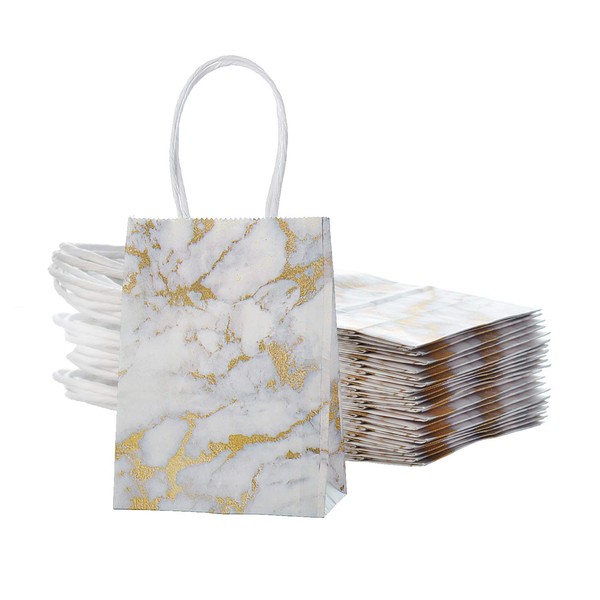 AWELL Mini Size Marble White Paper Bag with Handle Party Favours Bag 6x4.5x2.5 inch for Wedding Birthday Baby Shower Bag, Pack of 24